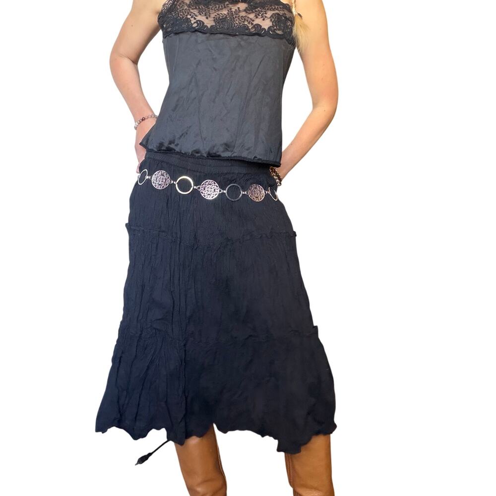 Vintage Black Crinkle Maxi Skirt, Whimsy Goth, Fairy Grunge, Cottage Witch